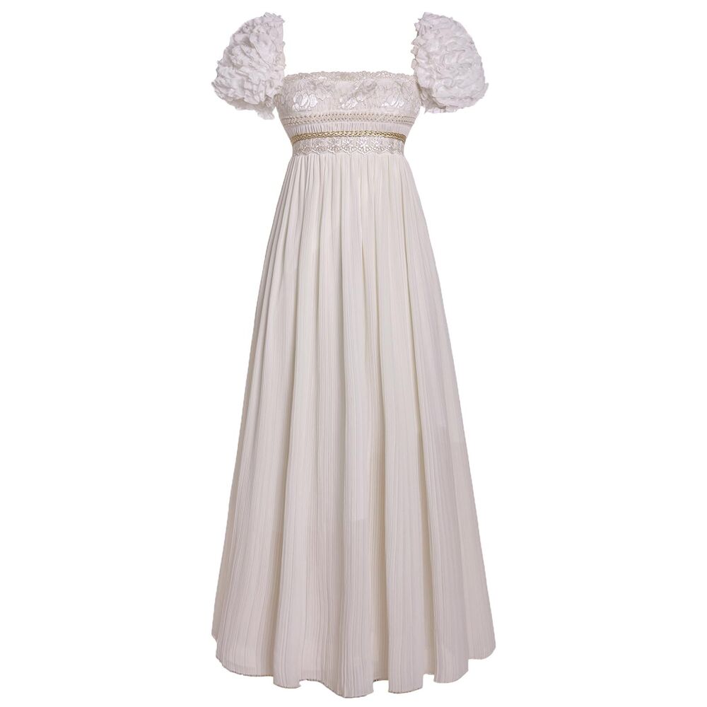 Luxurious Flower Puff Sleeve Empire Waist Dress Lace Regency Ball Gown (XL)